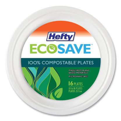 ECOSAVE Tableware, Plate, Bagasse, 10.13" dia, White,  16/Pack1